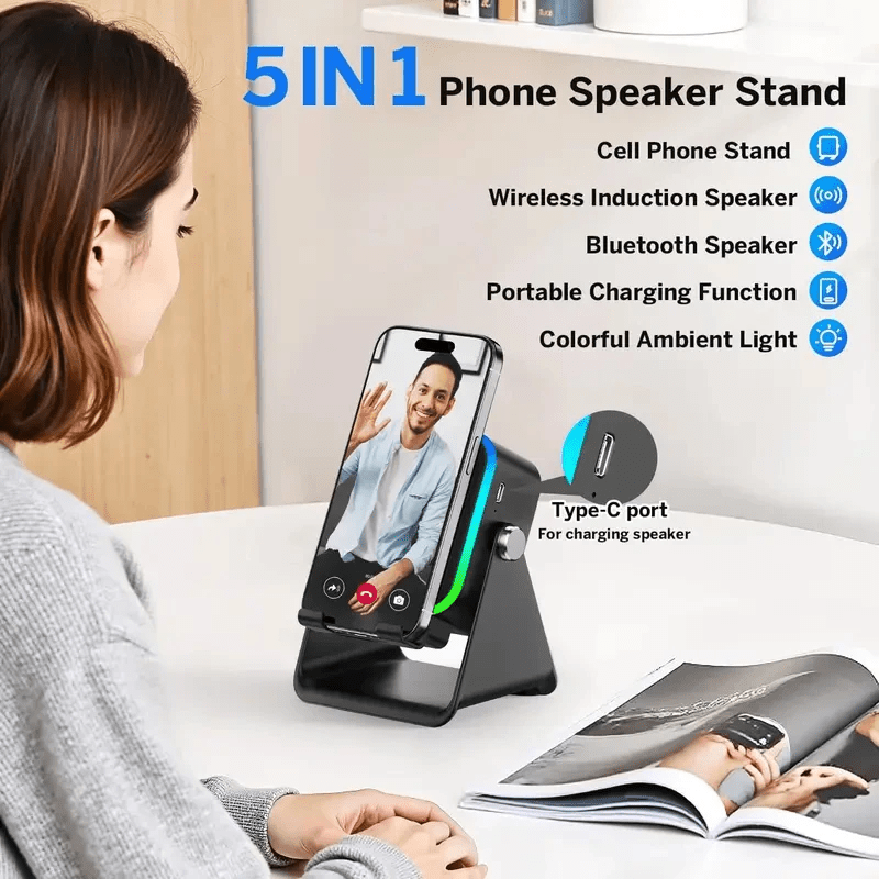 5 - in - 1 Wireless Speaker Phone Stand – RGB Light, Bluetooth Audio & Charging Dock - Faraib Enterprise