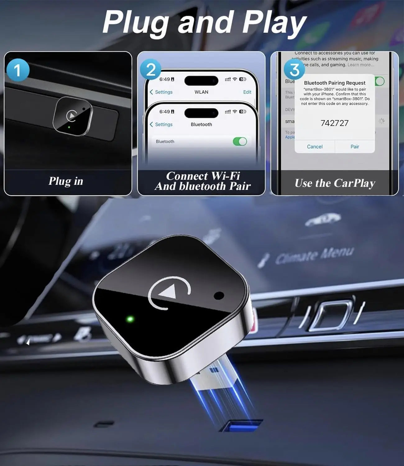 Wireless CarPlay & Android Auto Adapter — Plug & Play, No App Needed