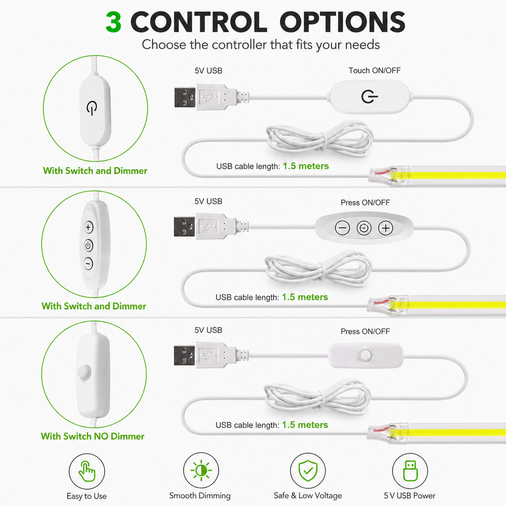 USB COB LED Light Strip – Touch Dimmable, Ultra Bright, Flexible Lighting