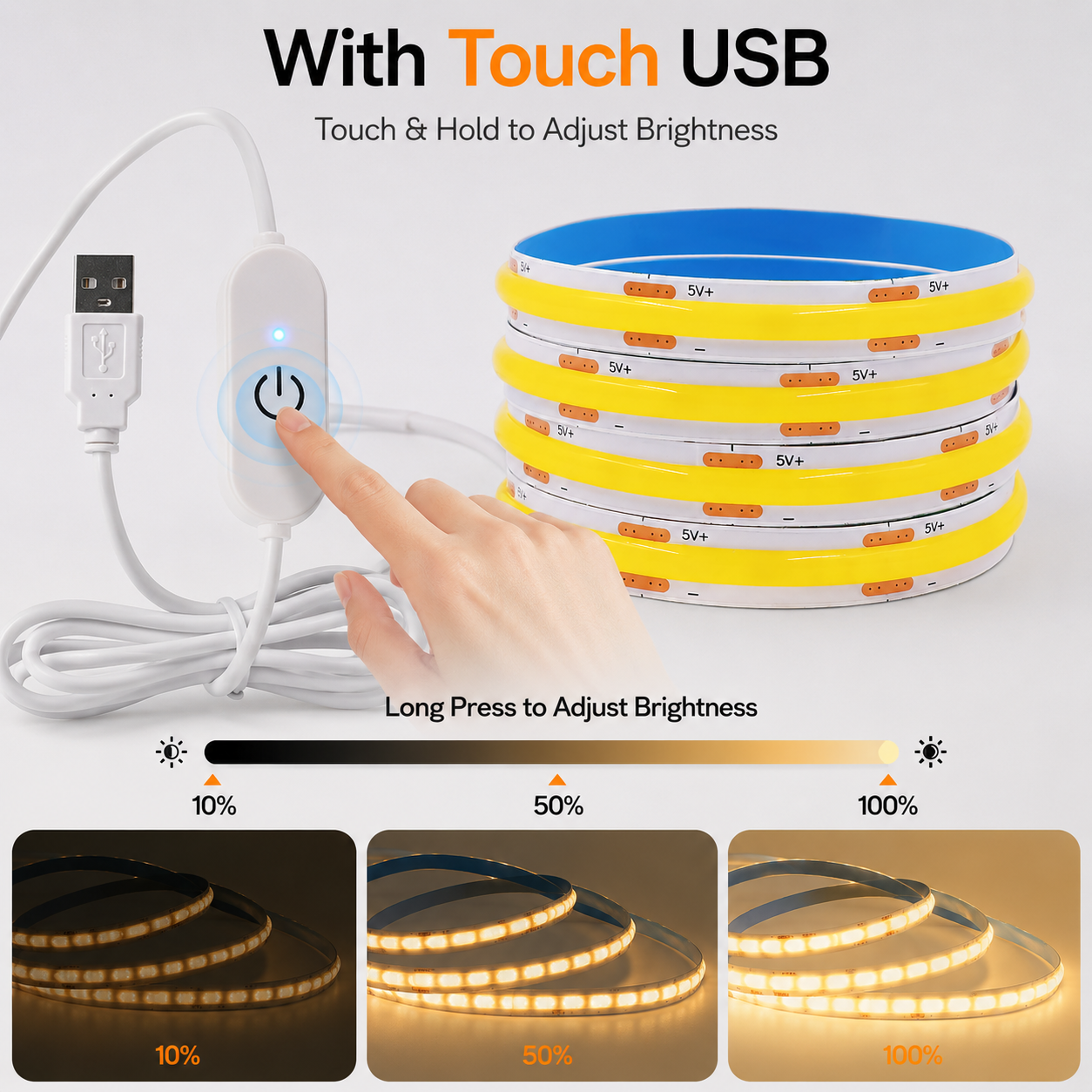 USB COB LED Light Strip – Touch Dimmable, Ultra Bright, Flexible Lighting