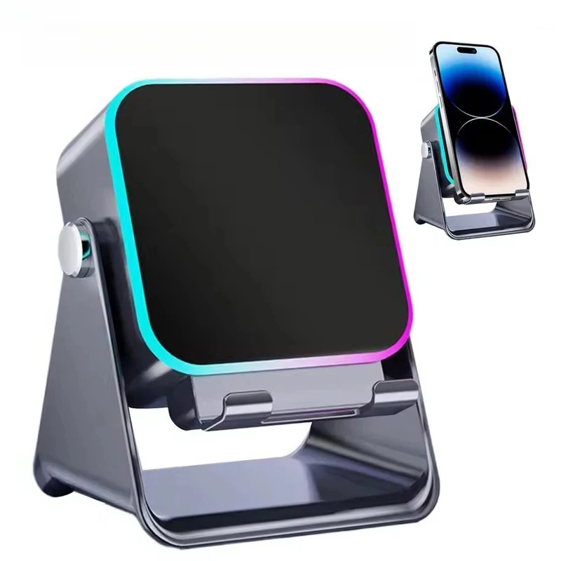Multi-device charging stand with smartphone, smartwatch, and wireless charger on a white background