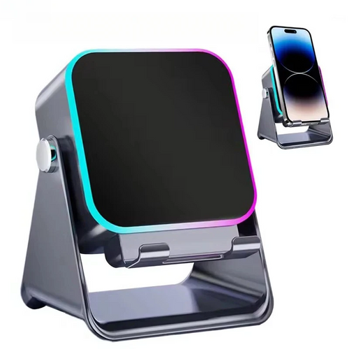 Multi-device charging stand with smartphone, smartwatch, and wireless charger on a white background