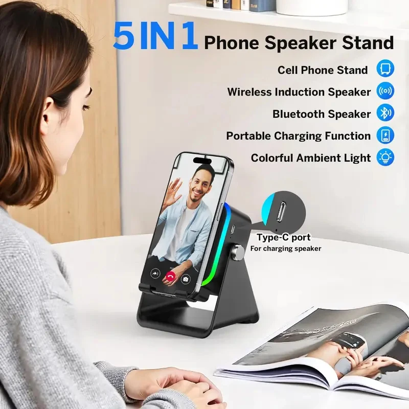 5-in-1 Wireless Speaker Phone Stand – RGB Light, Bluetooth Audio & Charging Dock